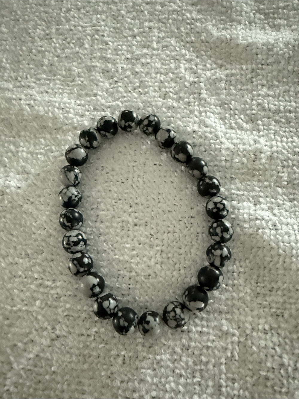 Snowflake Obsidian Beaded Stretch Bracelet - Black and White